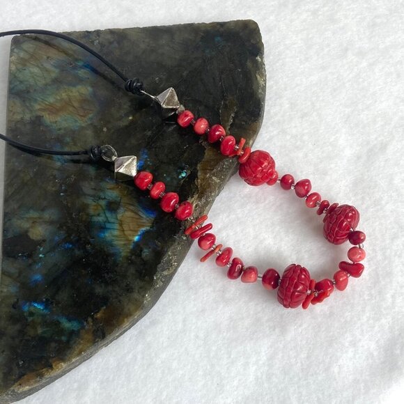 Signed Peyote Bird Sterling Silver 925 Beaded Red Red Coral Necklace 17" - 19" - Picture 13 of 16